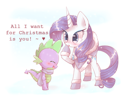 Size: 1000x800 | Tagged: safe, artist:riouku, rarity, spike, pony, g4, :o, blushing, christmas, clothes, coat, cute, female, heart, hoof boots, male, mare, raised hoof, raribetes, scarf, ship:sparity, shipping, spikabetes, straight