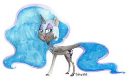 Size: 2671x1622 | Tagged: safe, artist:raiwee, nightmare moon, g4, female, looking at you, simple background, solo, traditional art