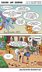 Size: 852x1470 | Tagged: safe, artist:pony-berserker, applejack, derpy hooves, mayor mare, rainbow dash, oc, oc:longhaul, oc:southern comfort, earth pony, pegasus, pony, g4, comic, cowboy hat, farming, female, flying, glasses, hat, horse collar, laughing, male, mare, mouth hold, mouthpiece, out of character, racism, scroll, speech bubble, stallion, watering can