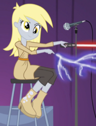 Size: 604x791 | Tagged: safe, artist:varemia, edit, edited screencap, screencap, derpy hooves, equestria girls, g4, my little pony equestria girls: rainbow rocks, female, force lightning, lightning, lightsaber, pure unfiltered evil, sith, solo, star wars, weapon