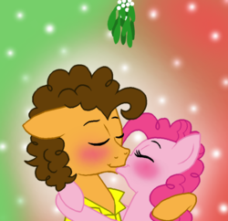 Size: 800x775 | Tagged: safe, artist:crazynutbob, cheese sandwich, pinkie pie, earth pony, pony, g4, blushing, duo, eyes closed, female, hearth's warming, kiss on the lips, kissing, male, mare, mistletoe, ship:cheesepie, shipping, stallion, straight