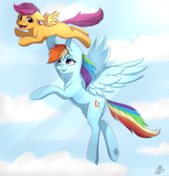 Size: 1922x2000 | Tagged: safe, artist:pillonchou, rainbow dash, scootaloo, pegasus, pony, g4, assisted flying, cloud, flying, happy, scootalove, sky, smiling