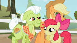 Size: 1366x768 | Tagged: safe, screencap, apple bloom, applejack, granny smith, earth pony, pony, family appreciation day, g4, cute