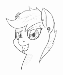 Size: 938x1117 | Tagged: safe, artist:trickydick, scootaloo, g4, female, grin, metaloo, monochrome, piercing, portrait, sketch, solo