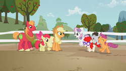 Size: 1366x768 | Tagged: safe, screencap, apple bloom, applejack, big macintosh, scootaloo, sweetie belle, truffle shuffle, twist, earth pony, pony, family appreciation day, g4, apple siblings, cutie mark crusaders, male, stallion