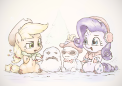 Size: 1440x1018 | Tagged: safe, artist:assasinmonkey, part of a set, applejack, rarity, earth pony, pony, unicorn, g4, apples & gems calendar, boots, chibi, clothes, cute, duo, scarf, snow, snowman, snowpony, weird rock, winter