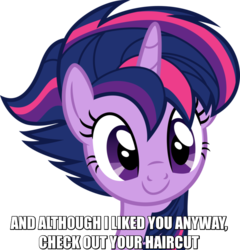 Size: 769x800 | Tagged: safe, artist:dashiesparkle, twilight sparkle, alicorn, pony, g4, alternate hairstyle, bust, female, image macro, lyrics, mare, meme, punklight sparkle, simple background, smiling, solo, song reference, they might be giants, transparent background, twilight sparkle (alicorn), vector