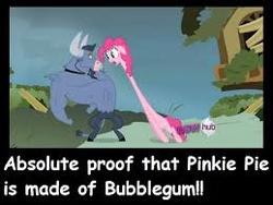 Size: 259x195 | Tagged: safe, edit, screencap, iron will, pinkie pie, earth pony, minotaur, pony, g4, my little pony: friendship is magic, putting your hoof down, bubblegum, comic sans, excessive exclamation marks, eye contact, female, floppy ears, food, gum, image macro, impossibly long neck, long neck, looking at each other, male, mare, meme, needs more jpeg, open mouth, picture for breezies, pinkie being pinkie, pinkie physics, stretchy, text, wat, wide eyes