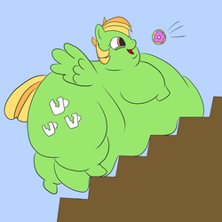 Size: 3000x3000 | Tagged: safe, artist:dobbinsditch, oc, oc only, oc:bric-a-brac, pegasus, pony, belly, bread, donut, fat, food, high res, morbidly obese, obese, stairs