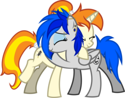 Size: 2959x2319 | Tagged: safe, artist:outlawedtofu, oc, oc only, oc:greaser, oc:sapphire sights, pegasus, pony, unicorn, bridge piercing, cute, ear piercing, eyebrow piercing, gauges, high res, hug, piercing, simple background, tail wrap, transparent background, vector