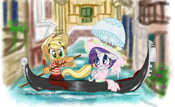 Size: 1280x781 | Tagged: safe, artist:vago-xd, applejack, rarity, pony, g4, bipedal, blushing, boat, clothes, dress, female, gondola, hat, lesbian, ship:rarijack, shipping, umbrella, venice