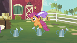 Size: 1366x768 | Tagged: safe, screencap, scootaloo, pegasus, pony, family appreciation day, g4, bunny ears, cute, cutealoo, female, filly, jumping, smiling, solo, spread wings, wings