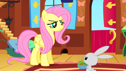 Size: 1920x1080 | Tagged: safe, screencap, angel bunny, fluttershy, g4, putting your hoof down, fluttershy's cottage, fluttershy's cottage (interior), food, glare, herbivore, salad, salad bowl, spoiled brat, unamused