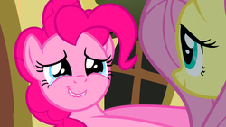Size: 1920x1080 | Tagged: safe, screencap, fluttershy, pinkie pie, earth pony, pegasus, pony, g4, putting your hoof down, crying, cute, diapinkes, female, fluttershy's cottage, hug, lip bite, mare, smiling