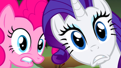 Size: 1920x1080 | Tagged: safe, screencap, pinkie pie, rarity, g4, putting your hoof down, d:, lip bite, looking at you, nervous, scared, wide eyes