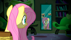 Size: 1920x1080 | Tagged: safe, screencap, fluttershy, g4, putting your hoof down, bondage, chair, female, fluttershy's cottage, fluttershy's cottage (interior), mirror, reflection, sad, sitting, solo, tied up, unsexy bondage
