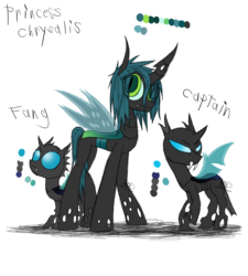 Size: 900x1000 | Tagged: safe, artist:didun850, queen chrysalis, oc, oc:captain, oc:fang, changeling, changeling queen, nymph, g4, changeling oc, eye clipping through hair, female, princess chrysalis, simple background, transparent background, trio, young, younger