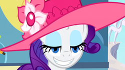 Size: 1024x575 | Tagged: safe, screencap, rarity, g4, sweet and elite, faic, grin, hat, lidded eyes