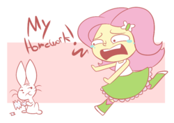 Size: 655x460 | Tagged: safe, artist:typhwosion, angel bunny, fluttershy, rabbit, equestria girls, g4, angel is a bunny bastard, animal, boots, clothes, crying, duo, eating, homework, simple background, skirt, socks, tank top, transparent background