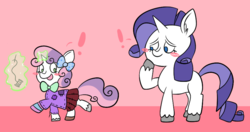 Size: 894x471 | Tagged: safe, artist:typhwosion, rarity, sweetie belle, pony, unicorn, g4, blush sticker, blushing, bow, clothes, duo, exclamation point, female, filly, magic, mare, sewing, sewing needle, skirt, sweetie belle's magic brings a great big smile, telekinesis, thread, unshorn fetlocks