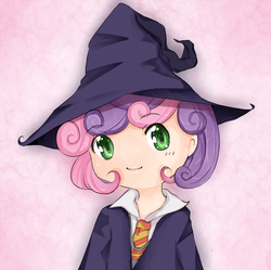 Size: 803x800 | Tagged: safe, artist:d-tomoyo, sweetie belle, human, g4, crossover, female, gryffindor, harry potter (series), hat, humanized, solo, wizard, wizard hat