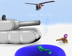 Size: 3040x2361 | Tagged: safe, artist:the-furry-railfan, oc, oc only, oc:crash dive, oc:depth charge, oc:night strike, oc:pressure cooker, sea pony, bfg, cannon, clothes, diving suit, flying machine, hat, high res, inflatable, maus, screaming, serious business, snow, snowball fight, story, tank (vehicle), title page, vehicle