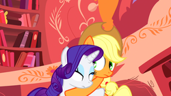 Size: 1920x1080 | Tagged: safe, screencap, applejack, rarity, g4, look before you sleep, derp, faic, golden oaks library, hug