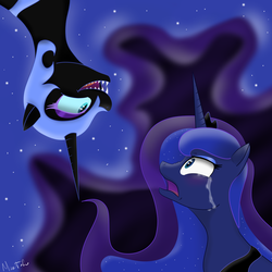 Size: 4000x4000 | Tagged: safe, artist:missitofu, nightmare moon, princess luna, alicorn, pony, g4, absurd resolution, crying, duality, nightmare, sharp teeth