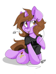 Size: 1536x2048 | Tagged: safe, artist:doodlehorse, oc, oc only, oc:doodle, a day to remember, clothes, earbuds, messy mane, music, music notes, sitting, smiling, solo, t-shirt