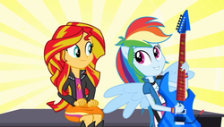 Size: 848x480 | Tagged: safe, screencap, rainbow dash, sunset shimmer, equestria girls, g4, my little pony equestria girls: rainbow rocks, female, ponied up