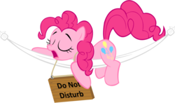 Size: 983x578 | Tagged: safe, artist:zacatron94, pinkie pie, earth pony, pony, g4, eyes closed, female, hammock, mare, sign, simple background, sleeping, solo, transparent background