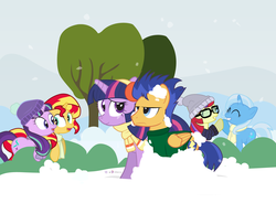 Size: 1400x1030 | Tagged: safe, artist:dm29, flash sentry, moondancer, starlight glimmer, sunset shimmer, trixie, twilight sparkle, alicorn, pegasus, pony, unicorn, g4, advent calendar, counterparts, female, flash sentry is not amused, harem, holiday horse days, magical quintet, male, mare, ship:flashlight, shipping, snow, snowball, snowball fight, straight, twilight sparkle (alicorn), twilight's counterparts, unamused