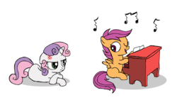 Size: 1920x1080 | Tagged: safe, artist:asweetiebelleaccount, scootaloo, sweetie belle, g4, music notes, musical instrument, piano, sketch, sweetie belle is not amused, unamused, wink