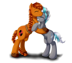 Size: 2200x1900 | Tagged: safe, artist:evomanaphy, oc, oc only, oc:magix, oc:rollo, earth pony, pony, braid, braided tail, female, hug, mare, smiling, two toned mane, viking