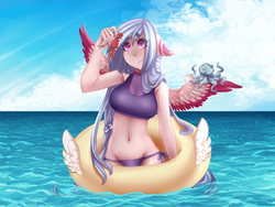 Size: 1600x1200 | Tagged: safe, artist:tolsticot, oc, oc only, crab, anthro, armpits, big breasts, bikini, breasts, clothes, female, inner tube, ocean, swimsuit