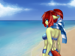 Size: 1600x1200 | Tagged: safe, artist:tolsticot, oc, oc only, unnamed oc, anthro, beach, bikini, clothes, scarf, swimsuit