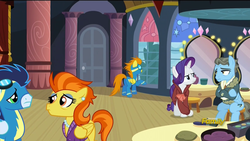 Size: 1600x900 | Tagged: safe, screencap, blaze, rarity, soarin', stormy flare, wind rider, pony, g4, rarity investigates, season 5, discovery family logo, eye contact