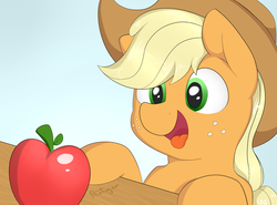 Size: 1280x948 | Tagged: safe, artist:flufgun, applejack, earth pony, pony, g4, apple, female, food, happy pony, solo, that pony sure does love apples