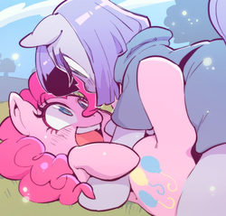 Size: 680x651 | Tagged: safe, artist:jirousan, maud pie, pinkie pie, earth pony, pony, g4, blushing, cute, diapinkes, duo, female, looking at each other, mare, on back, on top, open mouth, pinned, sisters, smiling, wide eyes, wrestling