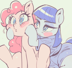 Size: 576x549 | Tagged: safe, artist:jirousan, maud pie, pinkie pie, earth pony, pony, g4, :o, blush sticker, blushing, cheek squish, clothes, cute, diapinkes, duo, eyeshadow, female, lidded eyes, makeup, mare, ponk, sisters, sitting, squishy cheeks, wide eyes