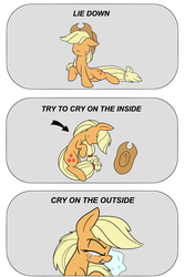 Size: 2000x3000 | Tagged: safe, artist:heir-of-rick, applejack, earth pony, pony, daily apple pony, g4, applejack cries on the inside, applejack's hat, cowboy hat, crying, crying inside, crying on the outside, female, hat, high res, mare, meme, reaction image, sad, solo, try not to cry, unhapplejack
