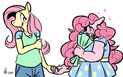 Size: 1280x804 | Tagged: safe, artist:rwl, fluttershy, pinkie pie, earth pony, pegasus, anthro, g4, blushing, bouquet, chubby, clothes, date, fat, female, flower, heart, holding hands, lesbian, pudgy pie, rose, ship:flutterpie, shipping, signature, size difference, wingless, wingless anthro