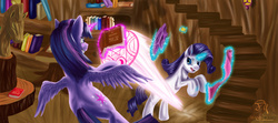 Size: 4486x2000 | Tagged: safe, artist:dsc-the-artist, rarity, twilight sparkle, alicorn, pony, fighting is magic, g4, book, fabric, female, flying, gritted teeth, magic, magic circle, mare, rearing, thread, twilight sparkle (alicorn)