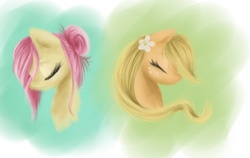 Size: 1698x1074 | Tagged: safe, artist:elisdoominika, applejack, fluttershy, g4, alternate hairstyle, eyes closed, flower, flower in hair, hatless, missing accessory