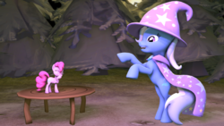 Size: 4096x2304 | Tagged: safe, artist:oc1024, pinkie pie, trixie, pony, unicorn, g4, 3d, cape, clothes, female, hat, laughing, mare, micro, pose, small, source filmmaker, table, trixie's cape, trixie's hat