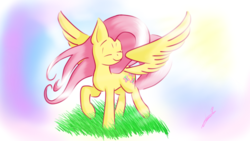 Size: 1024x576 | Tagged: safe, artist:freeedon, fluttershy, pegasus, pony, g4, eyes closed, female, grass, mare, raised hoof, raised leg, smiling, solo, spread wings, standing, turned head, wings