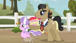 Size: 1366x768 | Tagged: safe, screencap, apple bloom, applejack, diamond tiara, filthy rich, earth pony, pony, family appreciation day, g4, dollar sign, duo focus, father and child, father and daughter, female, male