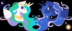 Size: 1631x717 | Tagged: safe, artist:amazing-artsong, princess celestia, princess luna, alicorn, pony, g4, black background, bust, duo, duo female, female, portrait, royal sisters, siblings, simple background, sisters, smiling