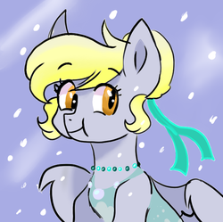 Size: 604x602 | Tagged: safe, artist:scarletskitty12, derpy hooves, pegasus, pony, g4, alternate hairstyle, clothes, dress, female, gala dress, mare, necklace, snow, snowfall, solo