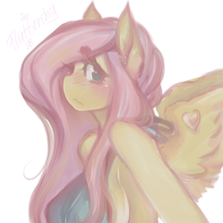 Size: 512x512 | Tagged: safe, artist:tolsticot, fluttershy, anthro, g4, bust, female, looking at you, looking sideways, name, simple background, sketch, solo, spread wings, white background, wings